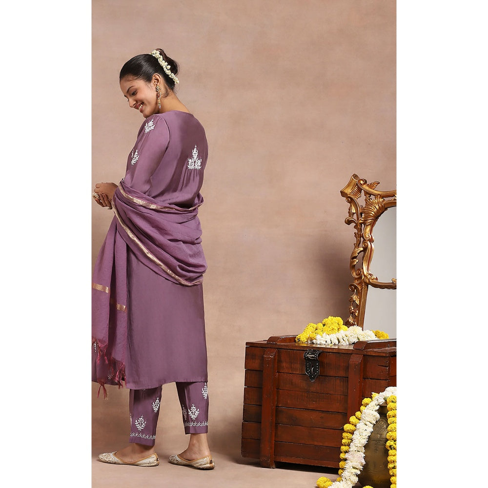 House of Chikankari Embroidered Kurta Inner with Pant and Dupatta - Lavender (Set of 4)