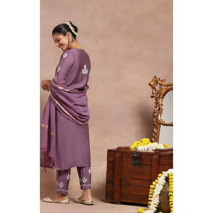 House of Chikankari Embroidered Kurta Inner with Pant and Dupatta - Lavender (Set of 4)