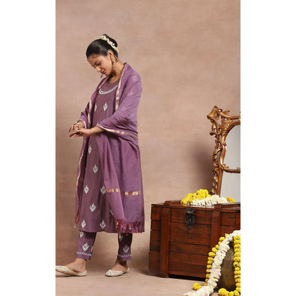 House of Chikankari Embroidered Kurta Inner with Pant and Dupatta - Lavender (Set of 4)