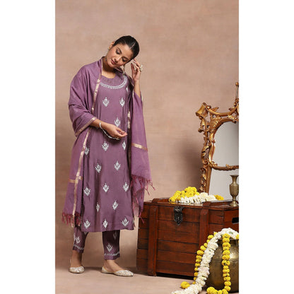 House of Chikankari Embroidered Kurta Inner with Pant and Dupatta - Lavender (Set of 4)