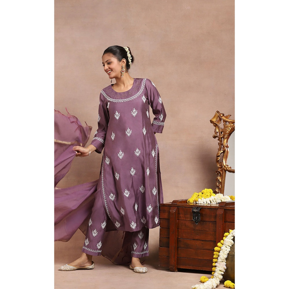 House of Chikankari Embroidered Kurta Inner with Pant and Dupatta - Lavender (Set of 4)