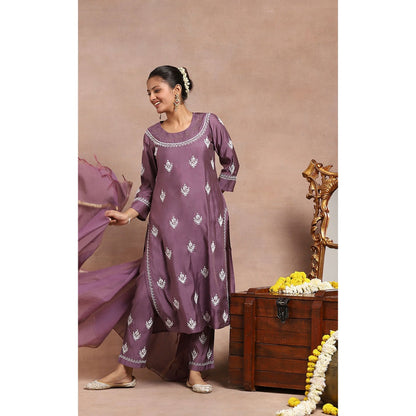 House of Chikankari Embroidered Kurta Inner with Pant and Dupatta - Lavender (Set of 4)