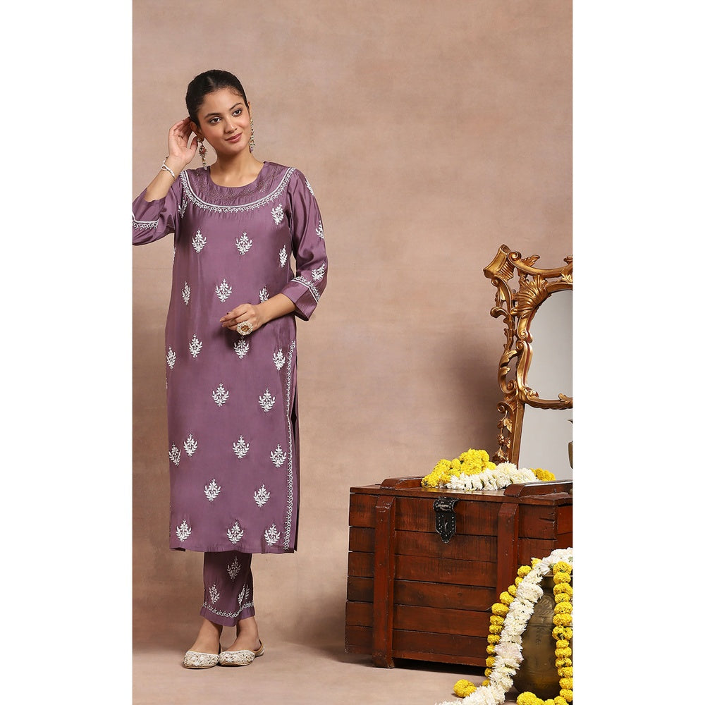 House of Chikankari Embroidered Kurta Inner with Pant and Dupatta - Lavender (Set of 4)