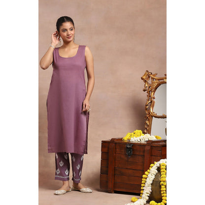 House of Chikankari Embroidered Kurta Inner with Pant and Dupatta - Lavender (Set of 4)