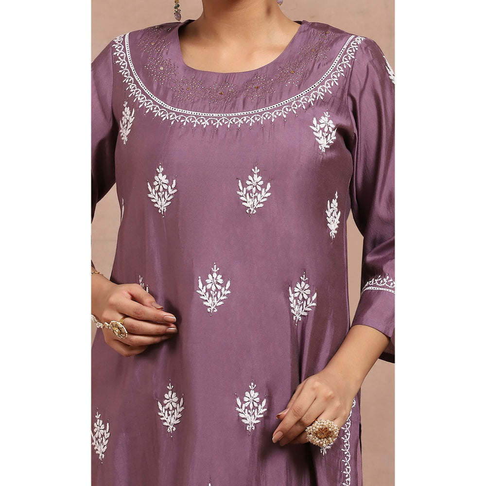House of Chikankari Embroidered Kurta Inner with Pant and Dupatta - Lavender (Set of 4)