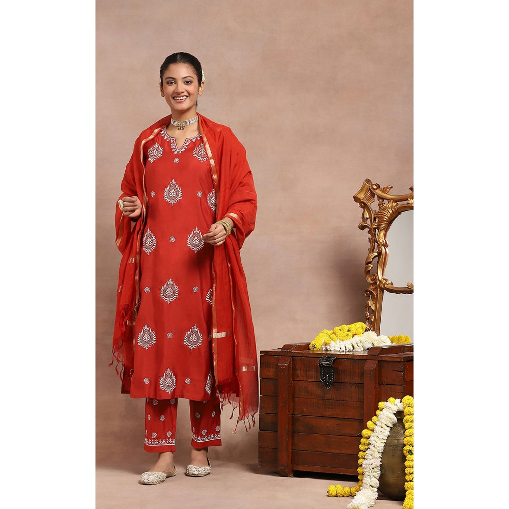 House of Chikankari Chikankari Zari Kurta with Pant and Dupatta - Red (Set of 3)
