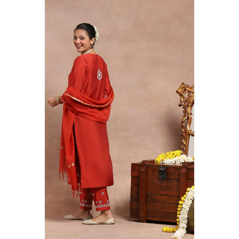 House of Chikankari Chikankari Zari Kurta with Pant and Dupatta - Red (Set of 3)