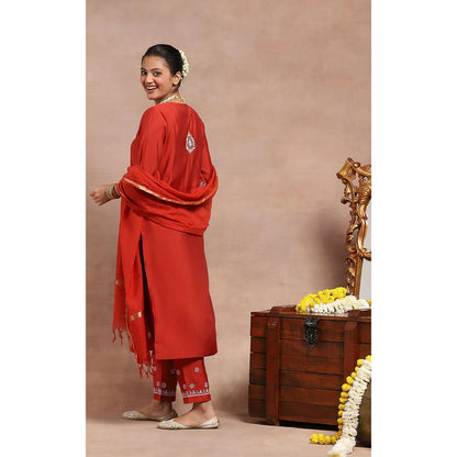 House of Chikankari Chikankari Zari Kurta with Pant and Dupatta - Red (Set of 3)