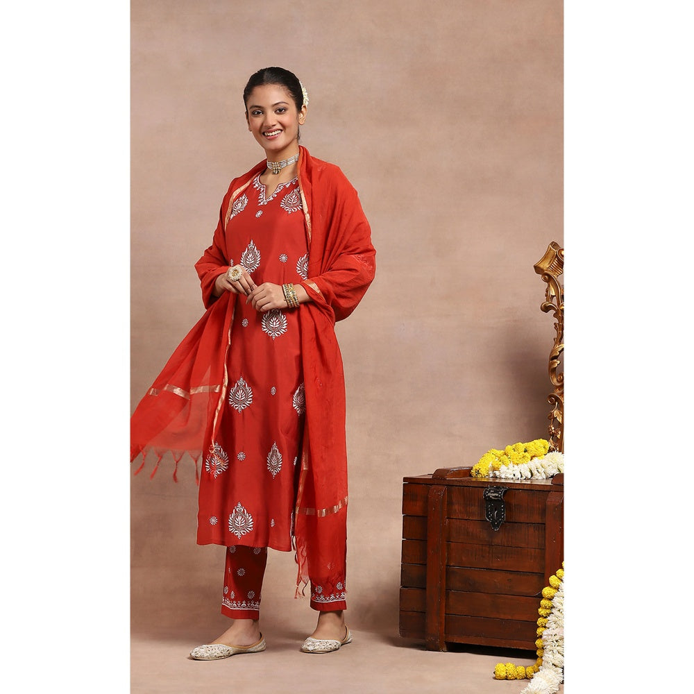 House of Chikankari Chikankari Zari Kurta with Pant and Dupatta - Red (Set of 3)