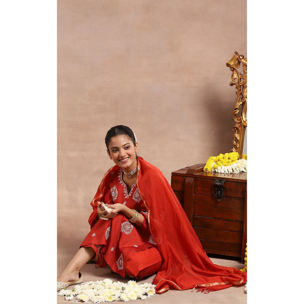 House of Chikankari Chikankari Zari Kurta with Pant and Dupatta - Red (Set of 3)