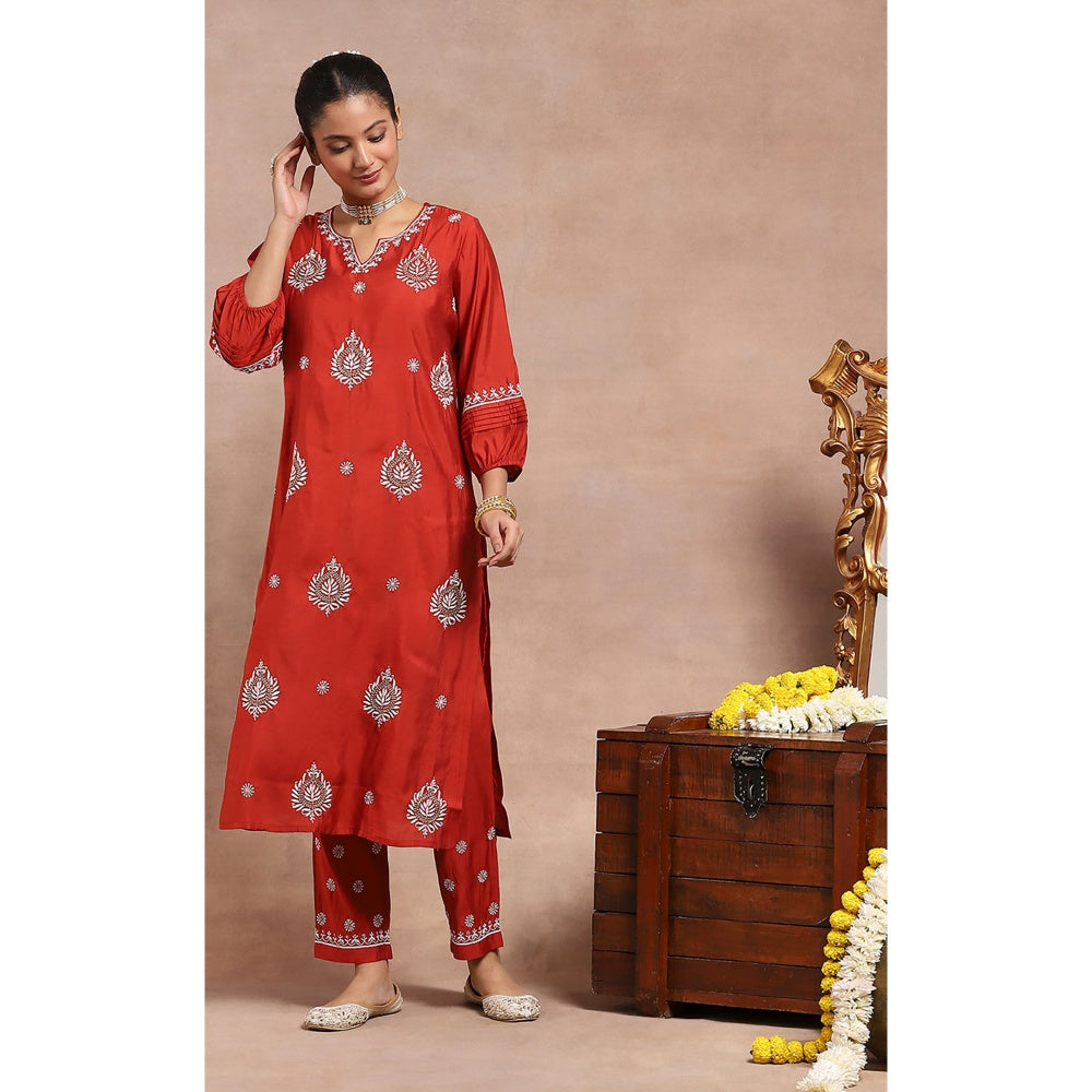 House of Chikankari Chikankari Zari Kurta with Pant and Dupatta - Red (Set of 3)