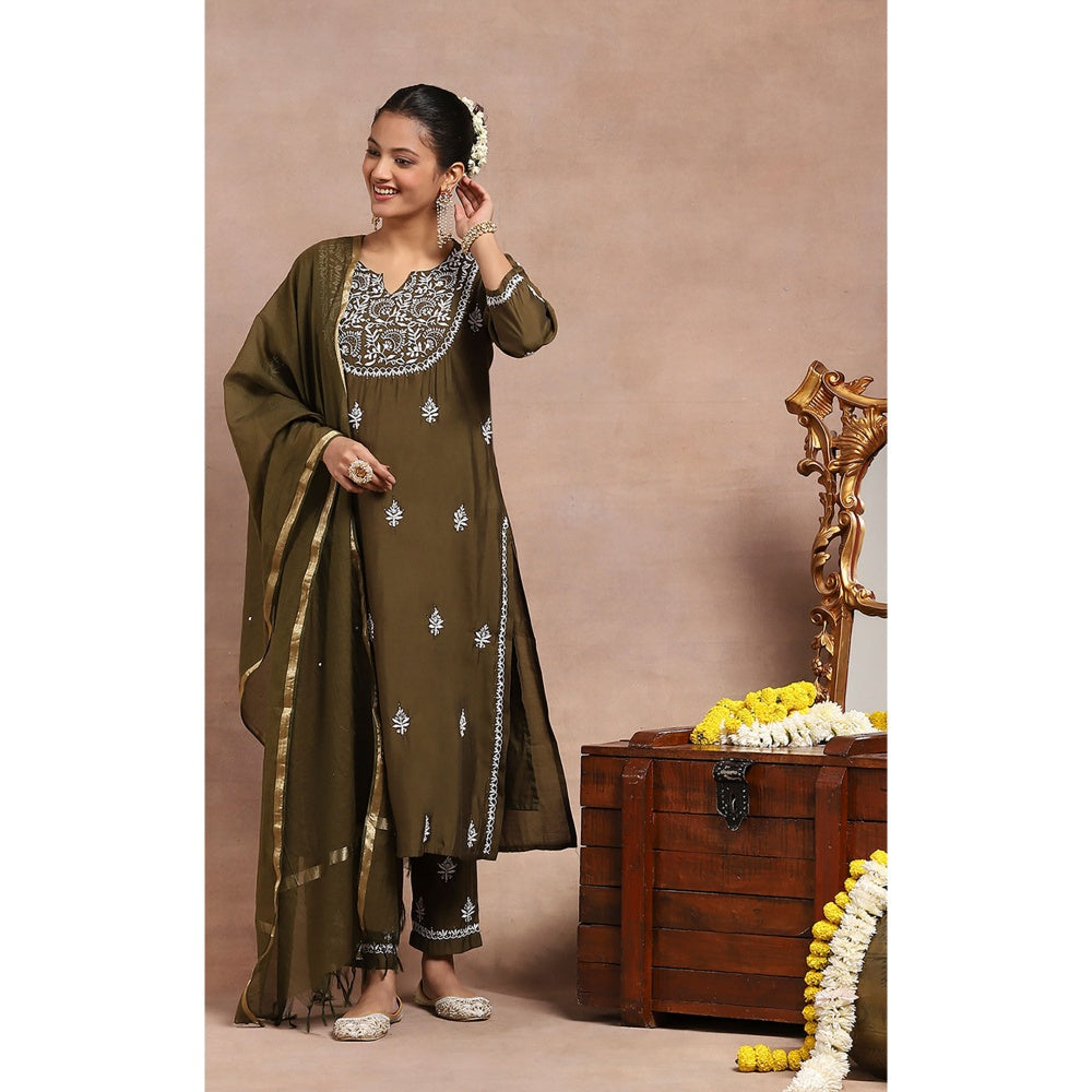 House of Chikankari Chikankari Mukaish Kurta with Pant and Dupatta - Olive (Set of 3)