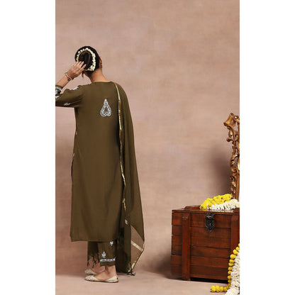 House of Chikankari Chikankari Mukaish Kurta with Pant and Dupatta - Olive (Set of 3)