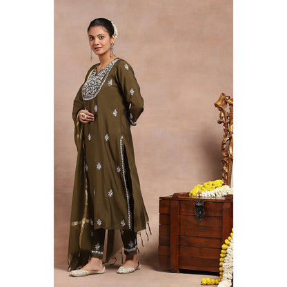 House of Chikankari Chikankari Mukaish Kurta with Pant and Dupatta - Olive (Set of 3)