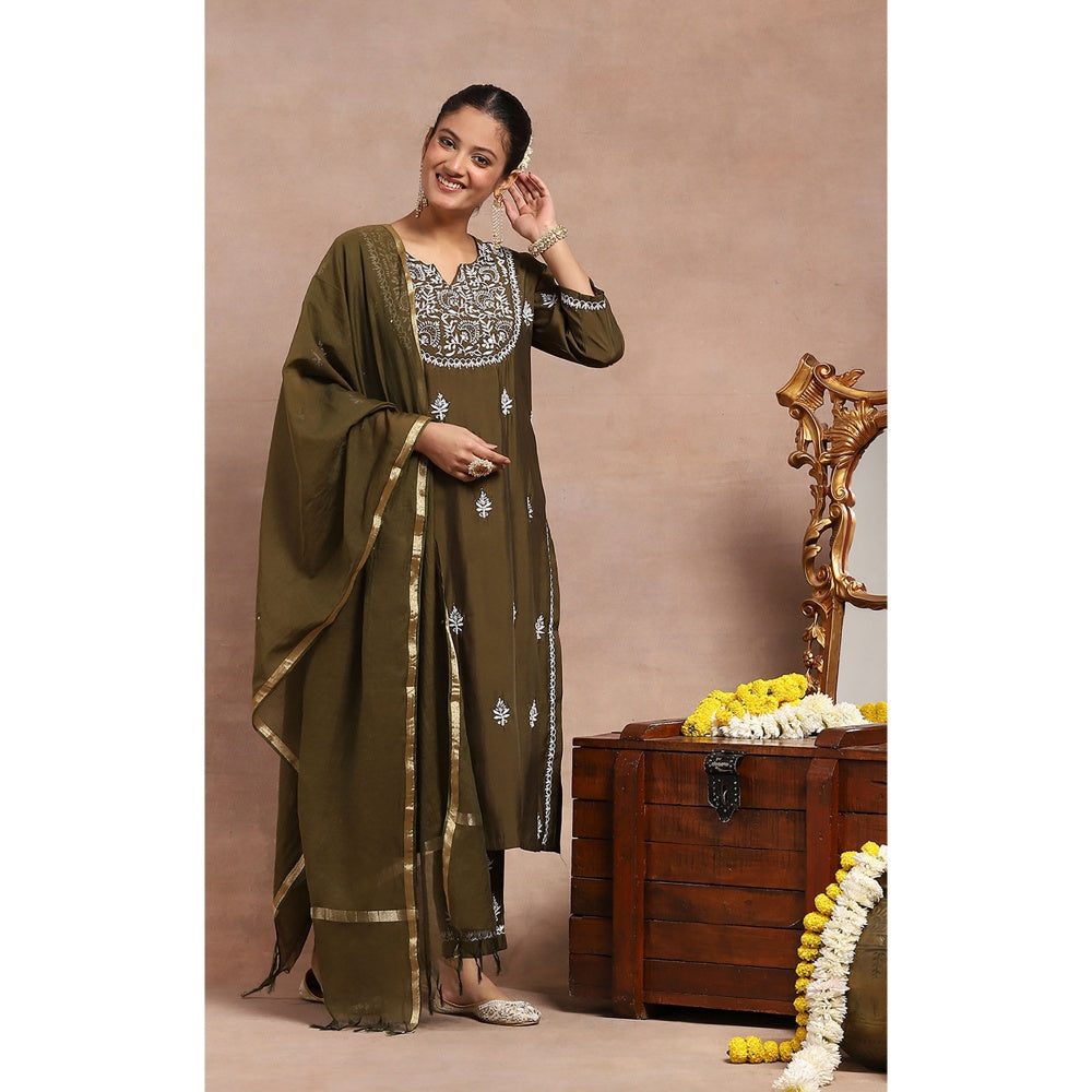House of Chikankari Chikankari Mukaish Kurta with Pant and Dupatta - Olive (Set of 3)