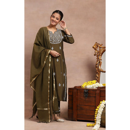 House of Chikankari Chikankari Mukaish Kurta with Pant and Dupatta - Olive (Set of 3)