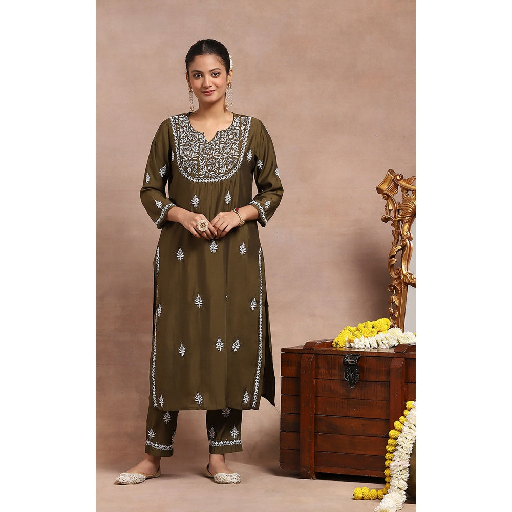 House of Chikankari Chikankari Mukaish Kurta with Pant and Dupatta - Olive (Set of 3)