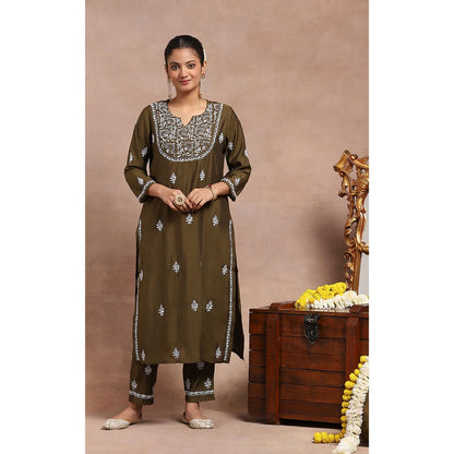 House of Chikankari Chikankari Mukaish Kurta with Pant and Dupatta - Olive (Set of 3)