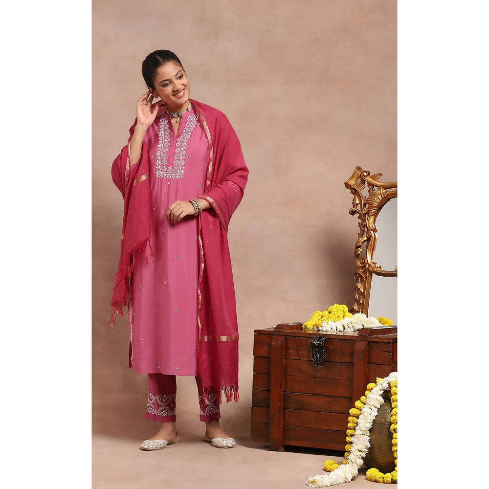 House of Chikankari Chikankari Mukaish Kurta with Pant and Dupatta - Pink (Set of 3)
