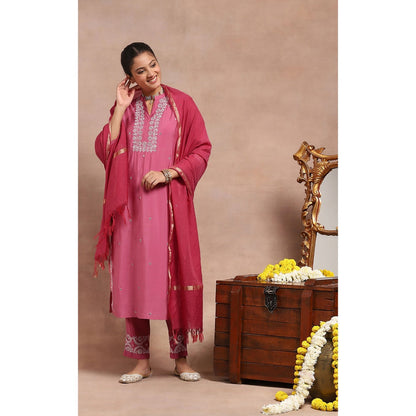 House of Chikankari Chikankari Mukaish Kurta with Pant and Dupatta - Pink (Set of 3)