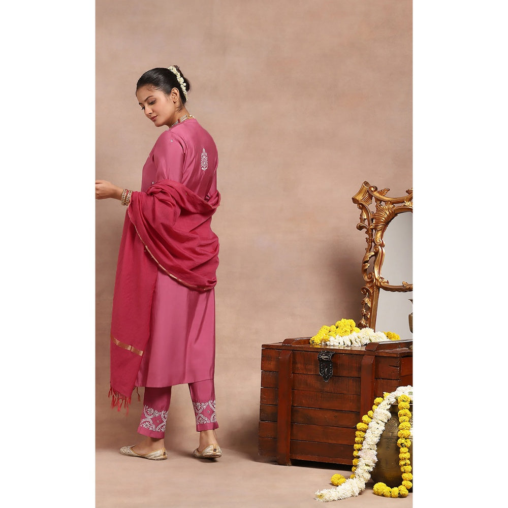 House of Chikankari Chikankari Mukaish Kurta with Pant and Dupatta - Pink (Set of 3)