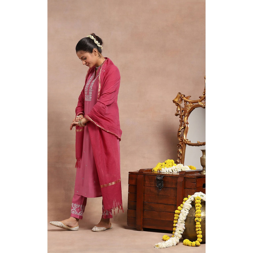 House of Chikankari Chikankari Mukaish Kurta with Pant and Dupatta - Pink (Set of 3)