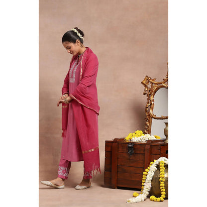 House of Chikankari Chikankari Mukaish Kurta with Pant and Dupatta - Pink (Set of 3)