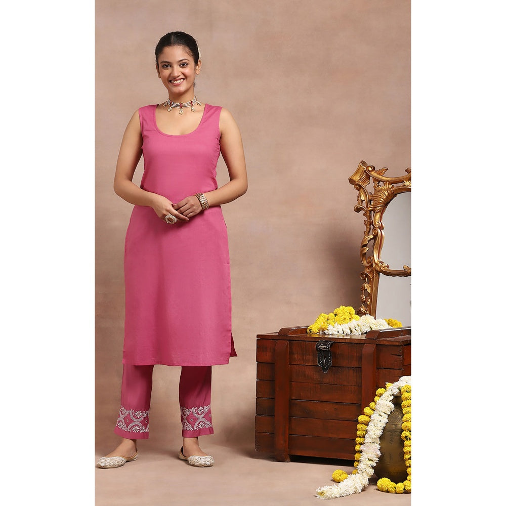 House of Chikankari Chikankari Mukaish Kurta with Pant and Dupatta - Pink (Set of 3)
