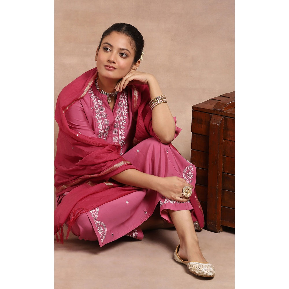 House of Chikankari Chikankari Mukaish Kurta with Pant and Dupatta - Pink (Set of 3)