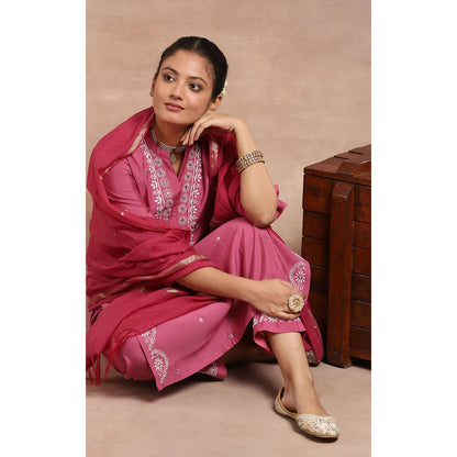 House of Chikankari Chikankari Mukaish Kurta with Pant and Dupatta - Pink (Set of 3)