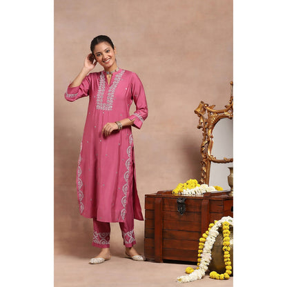 House of Chikankari Chikankari Mukaish Kurta with Pant and Dupatta - Pink (Set of 3)
