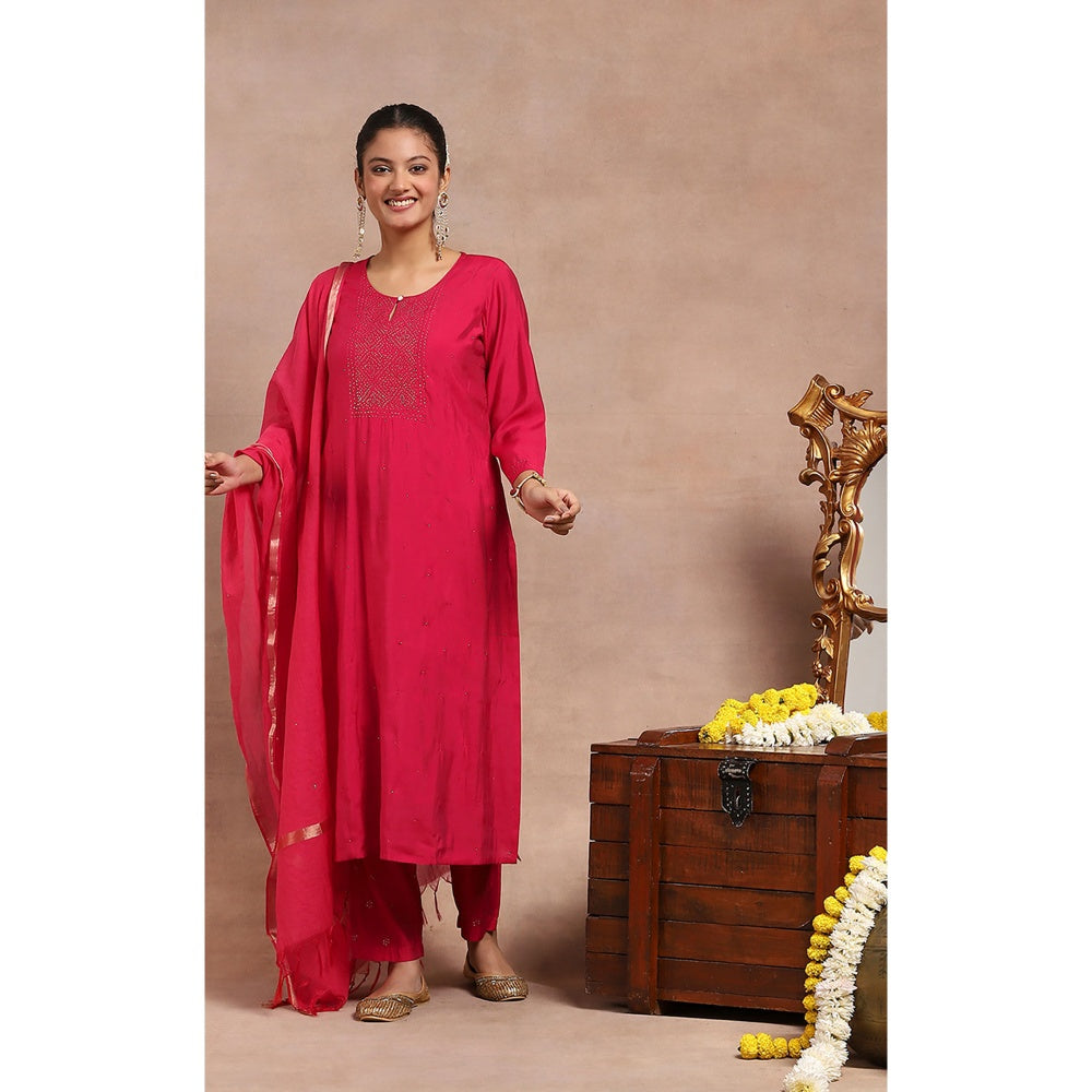 House of Chikankari Kamdaani Embroidered Kurta with Pant and Dupatta - Pink (Set of 3)
