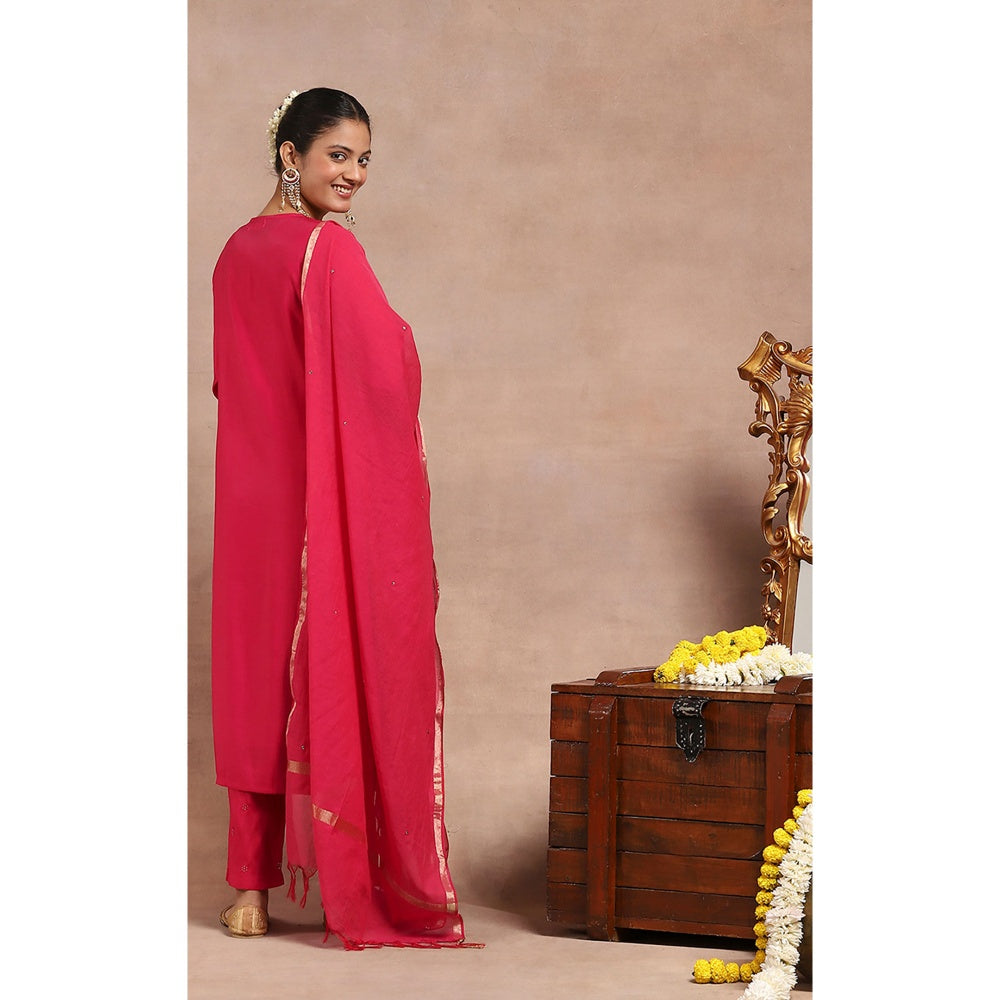 House of Chikankari Kamdaani Embroidered Kurta with Pant and Dupatta - Pink (Set of 3)