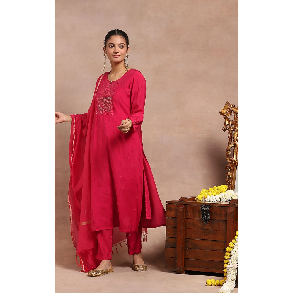 House of Chikankari Kamdaani Embroidered Kurta with Pant and Dupatta - Pink (Set of 3)