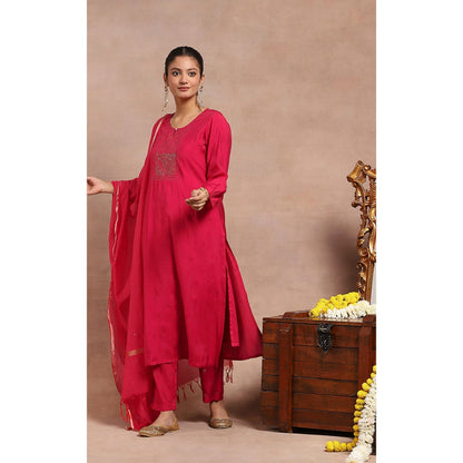 House of Chikankari Kamdaani Embroidered Kurta with Pant and Dupatta - Pink (Set of 3)