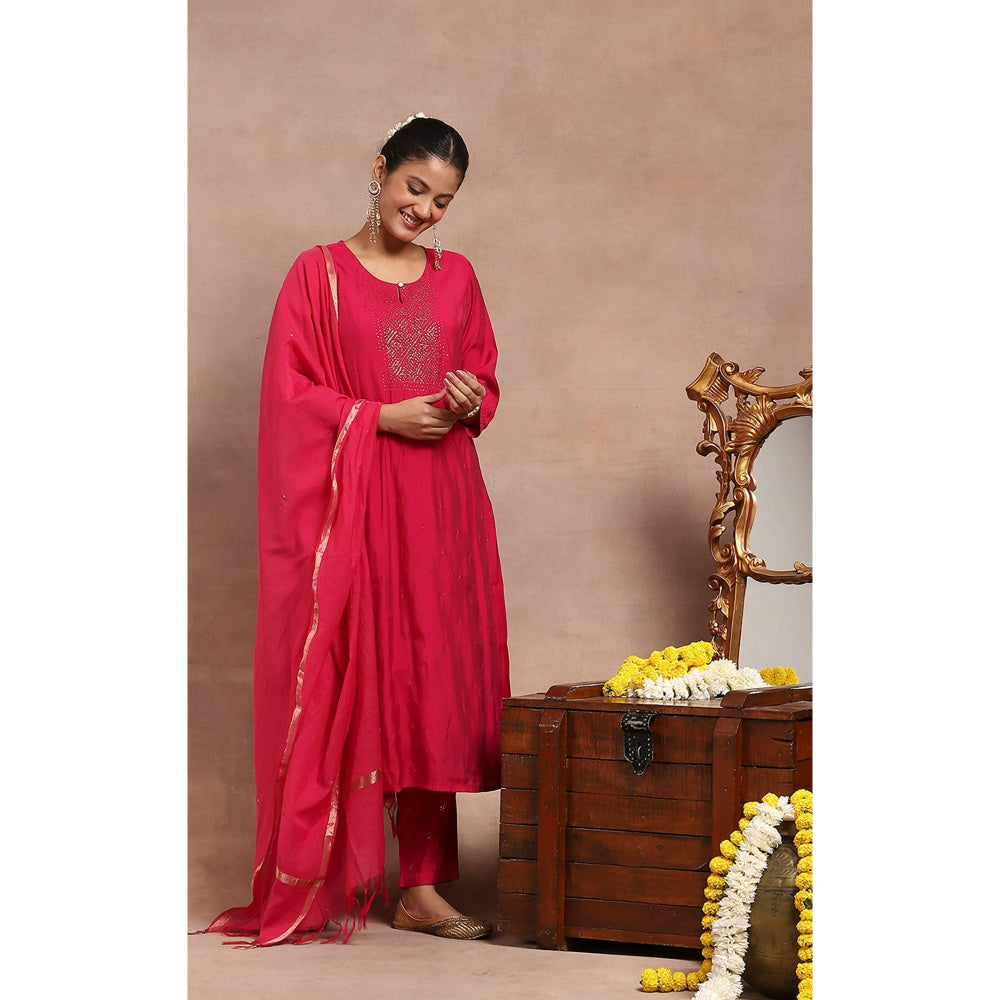 House of Chikankari Kamdaani Embroidered Kurta with Pant and Dupatta - Pink (Set of 3)