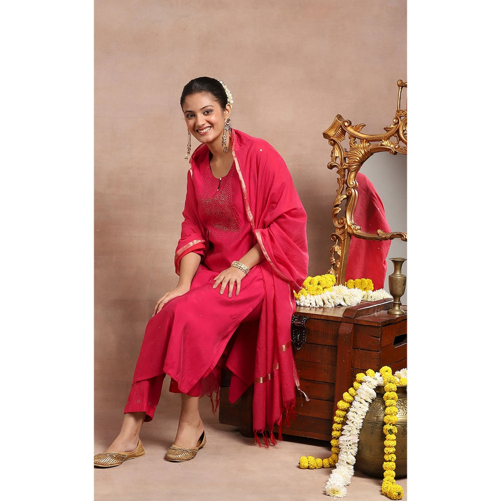 House of Chikankari Kamdaani Embroidered Kurta with Pant and Dupatta - Pink (Set of 3)