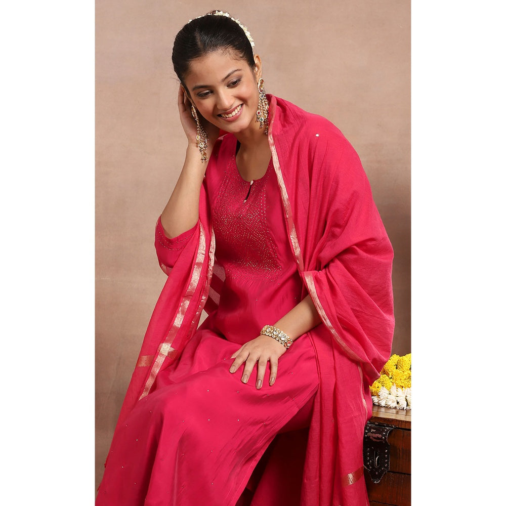 House of Chikankari Kamdaani Embroidered Kurta with Pant and Dupatta - Pink (Set of 3)