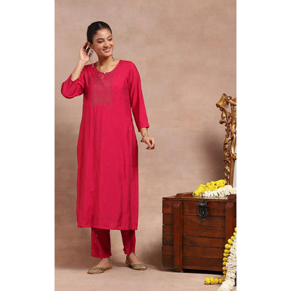 House of Chikankari Kamdaani Embroidered Kurta with Pant and Dupatta - Pink (Set of 3)