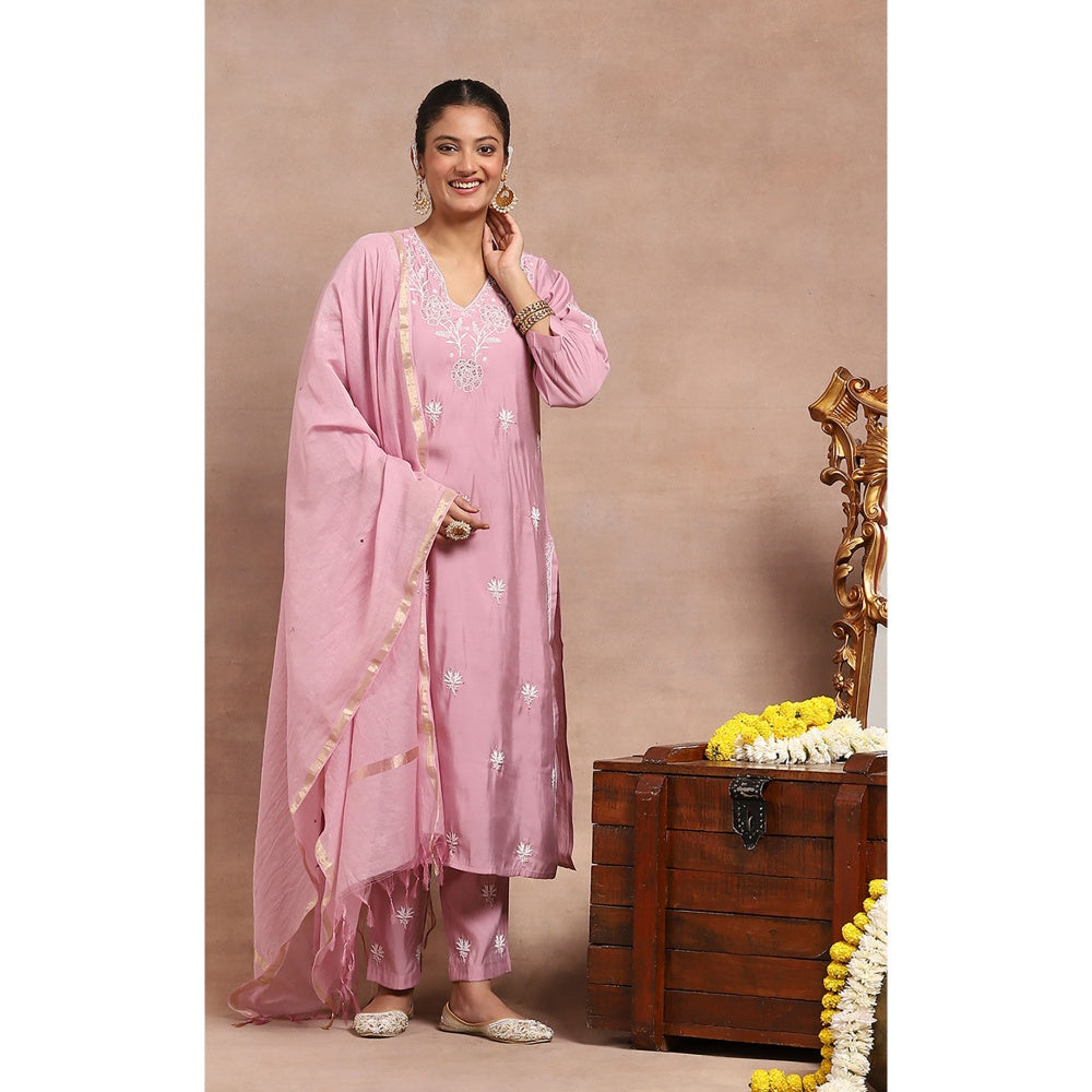 House of Chikankari Chikankari Mukaish Kurta Inner with Pant and Dupatta - Pink (Set of 4)