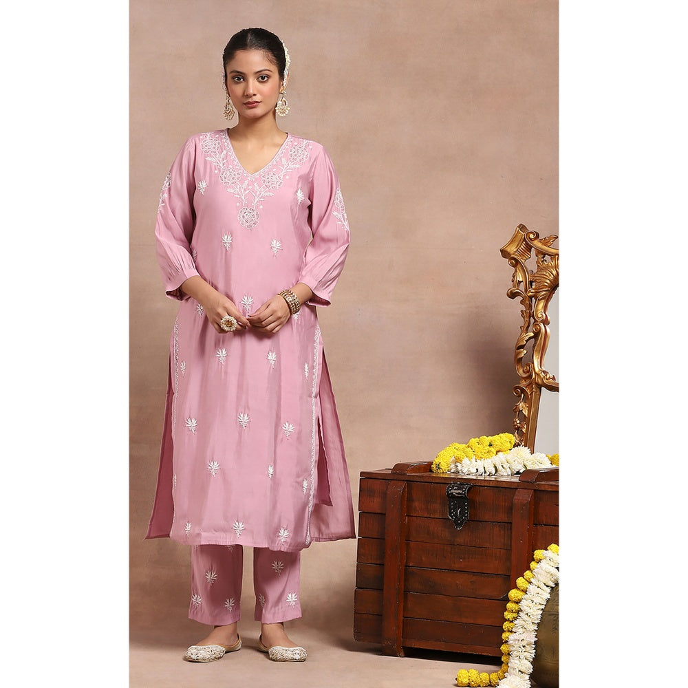 House of Chikankari Chikankari Mukaish Kurta Inner with Pant and Dupatta - Pink (Set of 4)