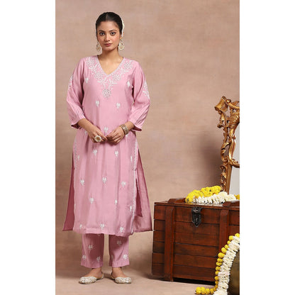 House of Chikankari Chikankari Mukaish Kurta Inner with Pant and Dupatta - Pink (Set of 4)