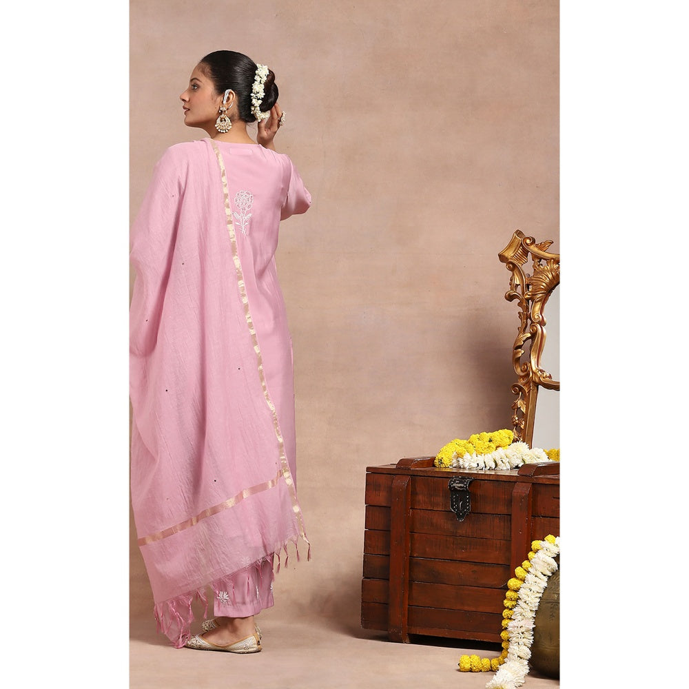 House of Chikankari Chikankari Mukaish Kurta Inner with Pant and Dupatta - Pink (Set of 4)