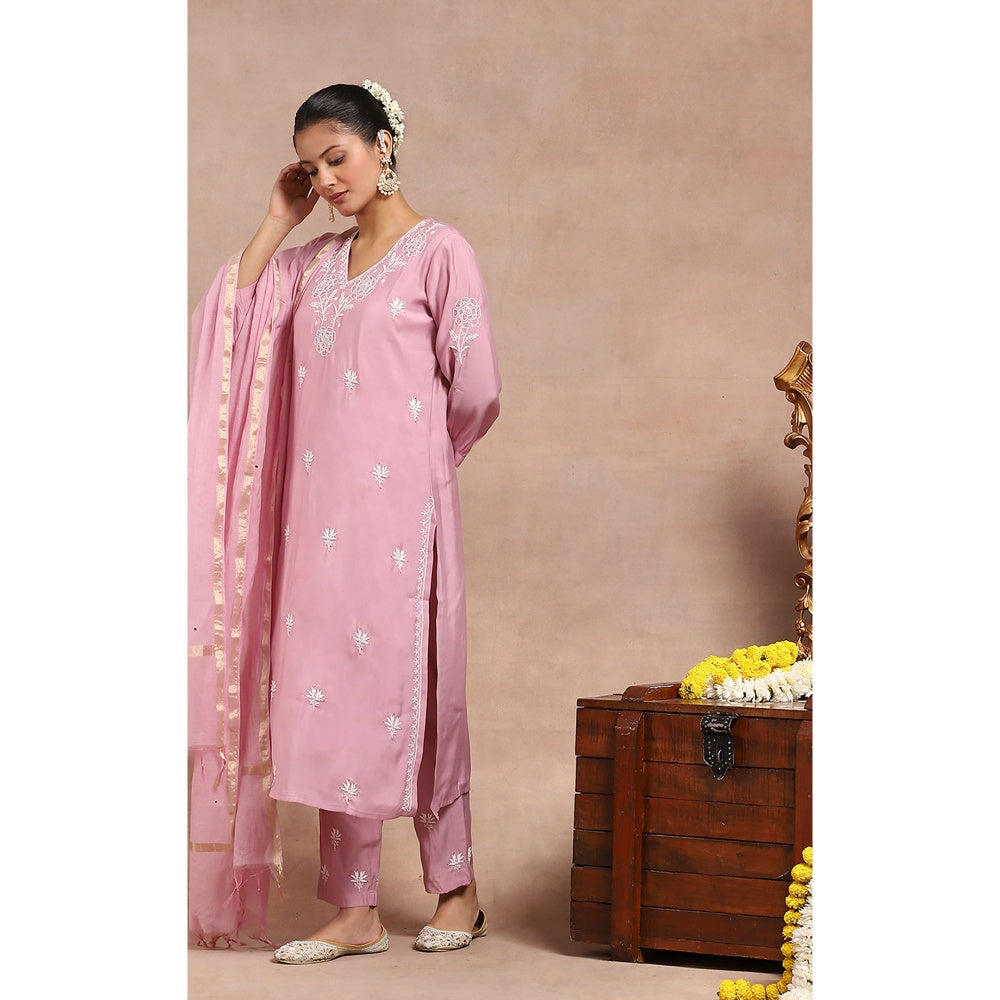 House of Chikankari Chikankari Mukaish Kurta Inner with Pant and Dupatta - Pink (Set of 4)