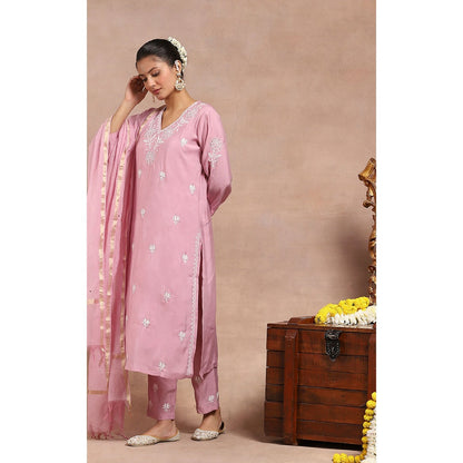 House of Chikankari Chikankari Mukaish Kurta Inner with Pant and Dupatta - Pink (Set of 4)