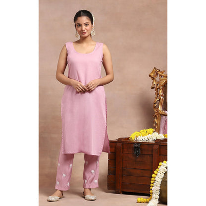 House of Chikankari Chikankari Mukaish Kurta Inner with Pant and Dupatta - Pink (Set of 4)