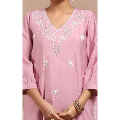 House of Chikankari Chikankari Mukaish Kurta Inner with Pant and Dupatta - Pink (Set of 4)