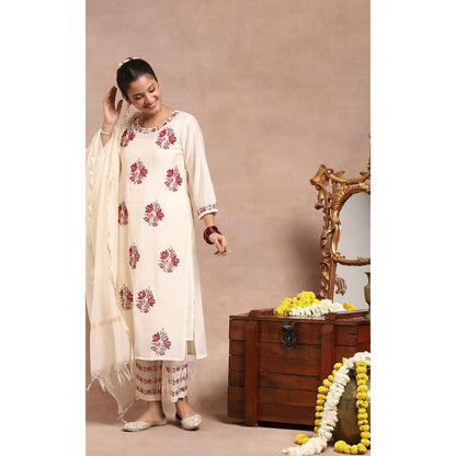 House of Chikankari Chikankari Zari Kurta with Pant and Dupatta - Ivory (Set of 3)