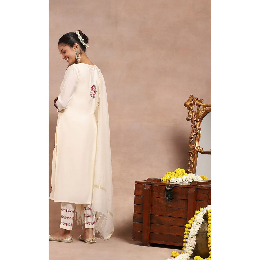 House of Chikankari Chikankari Zari Kurta with Pant and Dupatta - Ivory (Set of 3)