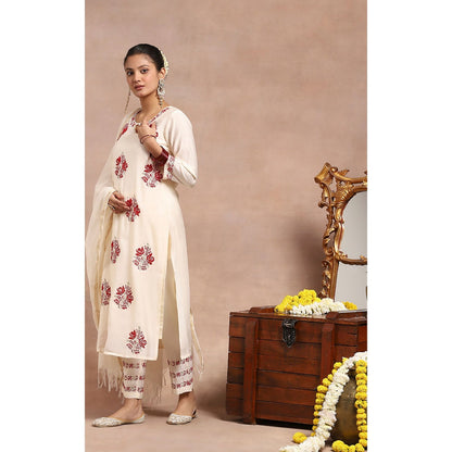 House of Chikankari Chikankari Zari Kurta with Pant and Dupatta - Ivory (Set of 3)
